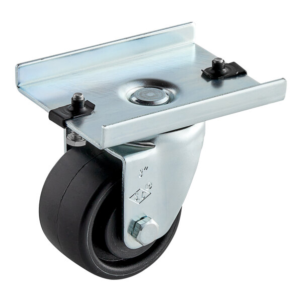 A black Traulsen caster wheel with a metal plate on top.