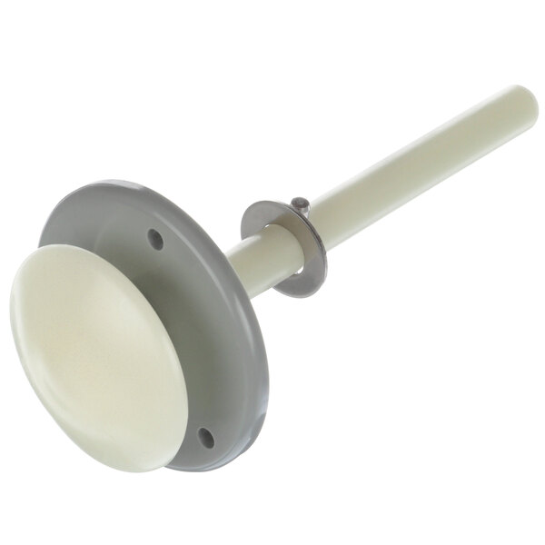 A white cylindrical plastic inside release with a metal ring.