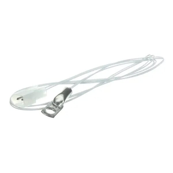 A white cable with a metal clip on the end.