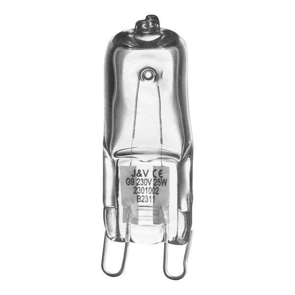 A clear 230V 25W oven light bulb with a G9 base.