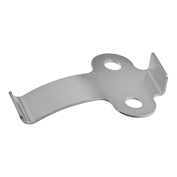 A silver metal Hobart latch bowl spring with two holes in it.