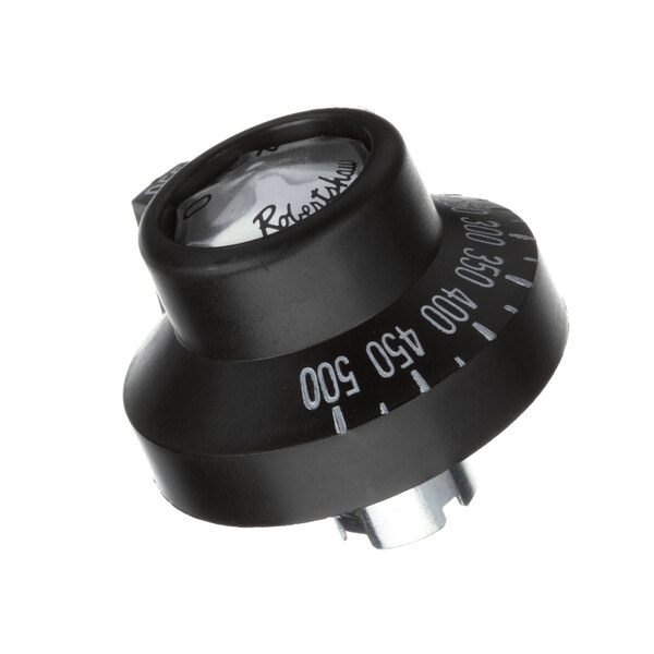 A black Vulcan Hart thermostat dial with white text.