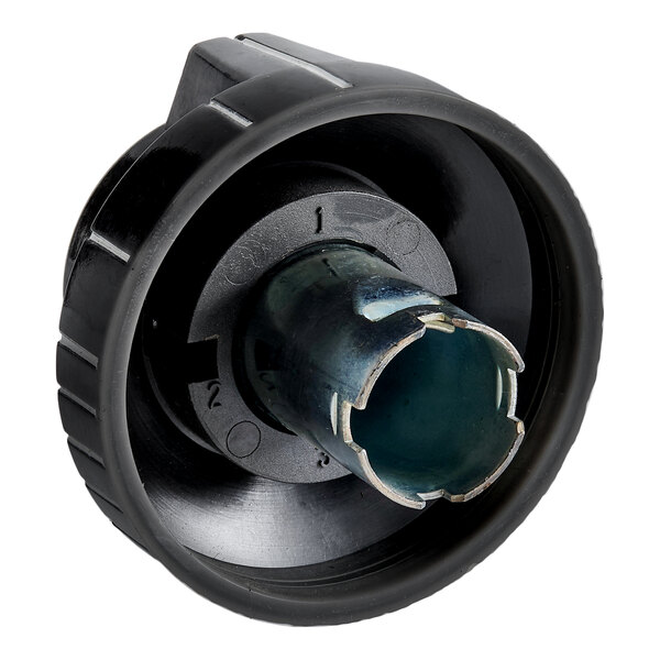 A black Vulcan Hart thermostat dial with a metal insert.