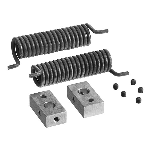 A pair of metal springs and screws for a spring.