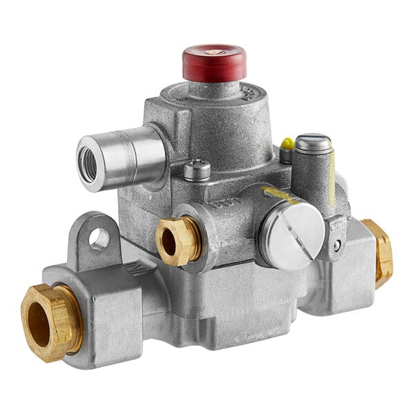 A silver metal Vulcan safety valve with two brass valves and a red button.