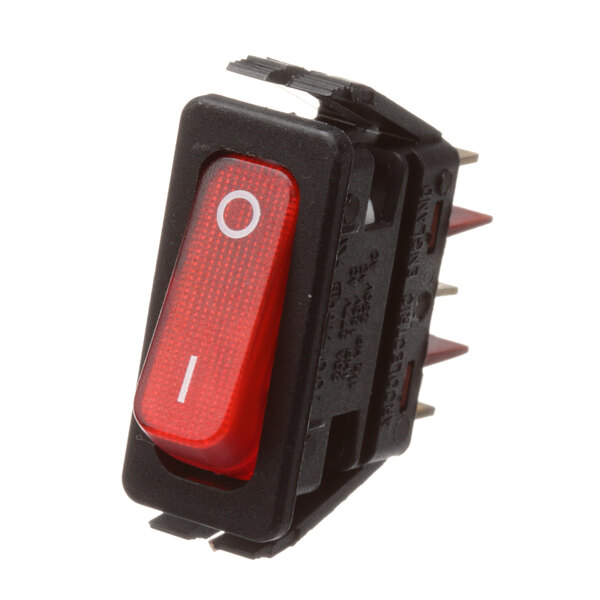 A close-up of a red Vulcan On/Off switch with white text on a white background.