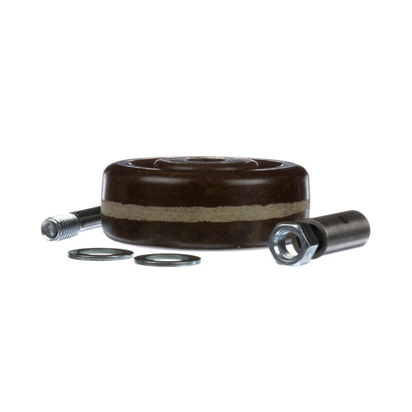 A round brown and black rubber caster wheel with a bolt and nut.