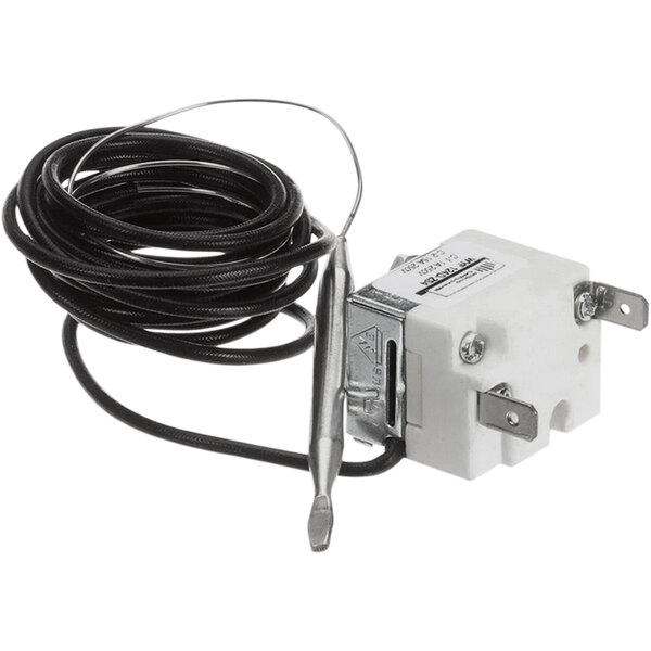 A white Jet Tech limit safety thermostat with a wire attached.