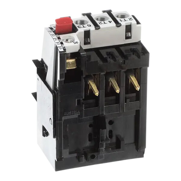 A black and silver Varimixer overload relay with red, black, and white wires.