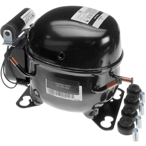 A black Duke refrigeration compressor with screws.