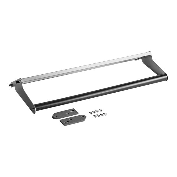 A metal window access component kit with a bar, two mounting brackets, and screws.