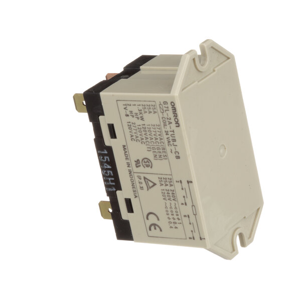 A white electronic device with black text, the text reads "Blodgett 37058 24v Relay"