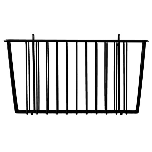 A black wire storage basket with vertical lines.