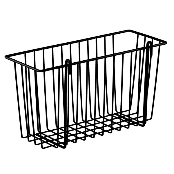 A black Metro storage basket for wire shelving.