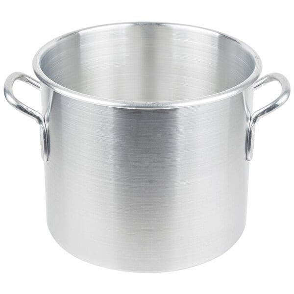 A silver Vollrath Wear-Ever stock pot with handles.