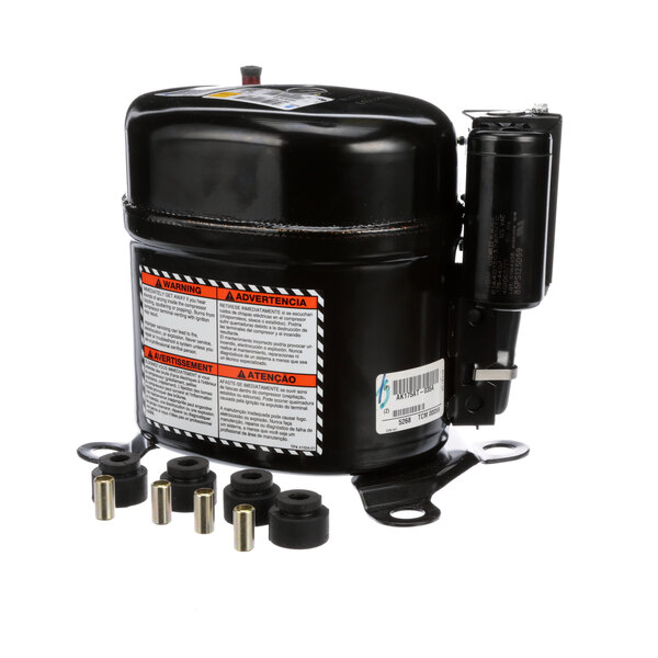 A black Delfield refrigeration compressor with a white label and a valve.