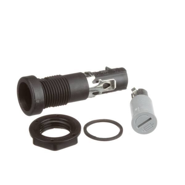 A black and grey plastic Lincoln fuse holder with a black and silver cable.