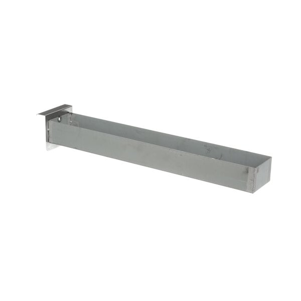 A rectangular metal shelf with a screw on the bottom.