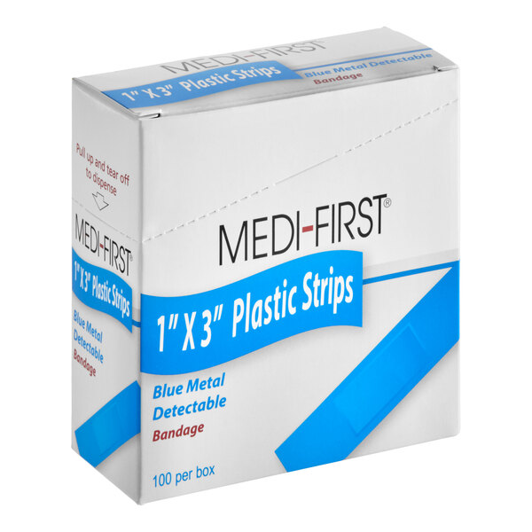 Medique 67133 Medi-First 1" x 3" Blue Plastic Adhesive Strip Bandage - 100/Box