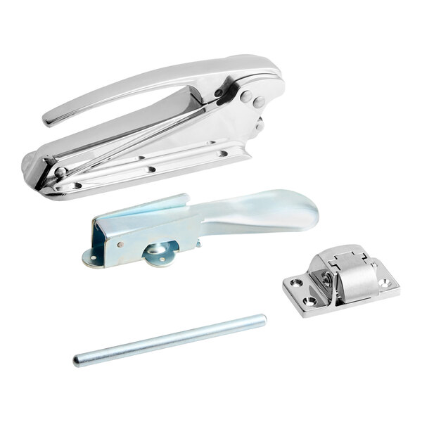 A metal door latch kit with handle, strike, and mounting hardware.