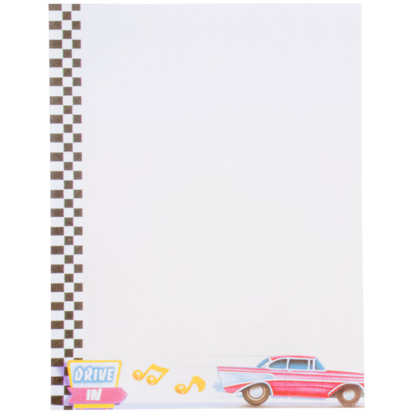 White menu paper with a checkered border and a red car and jukeboxes.