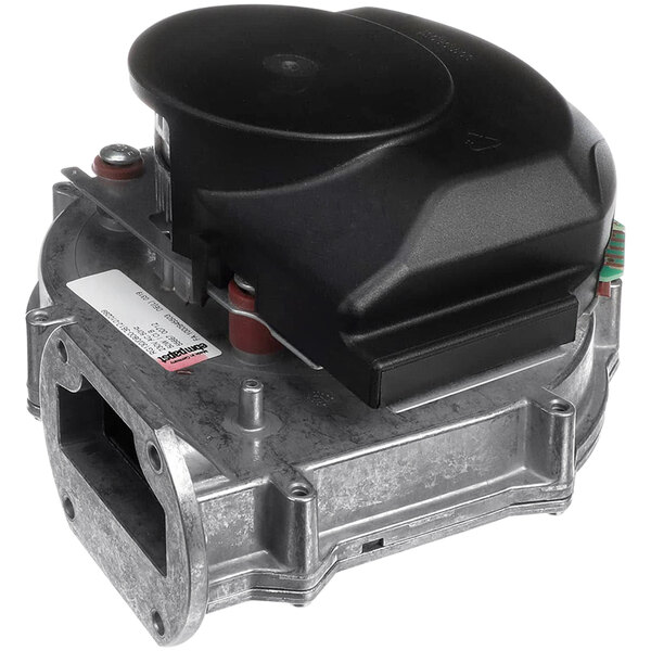 A black and silver metal Rational blower motor with a white label.