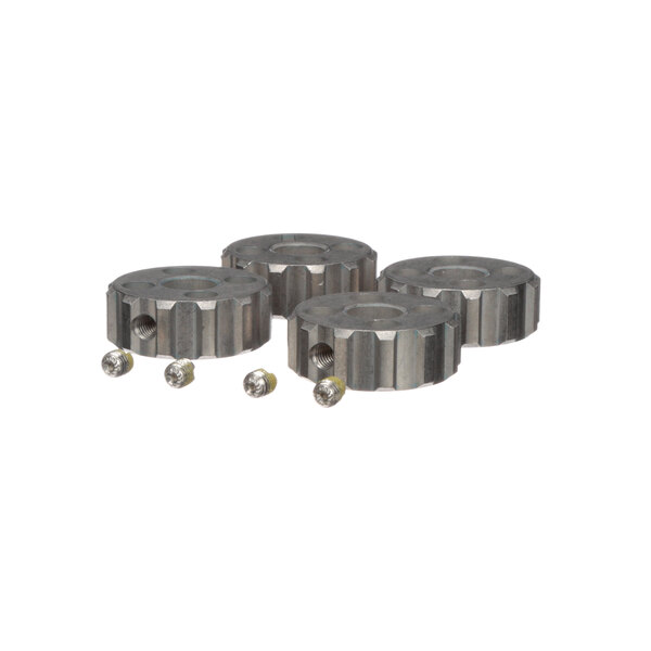 Three metal sprockets with bolts.
