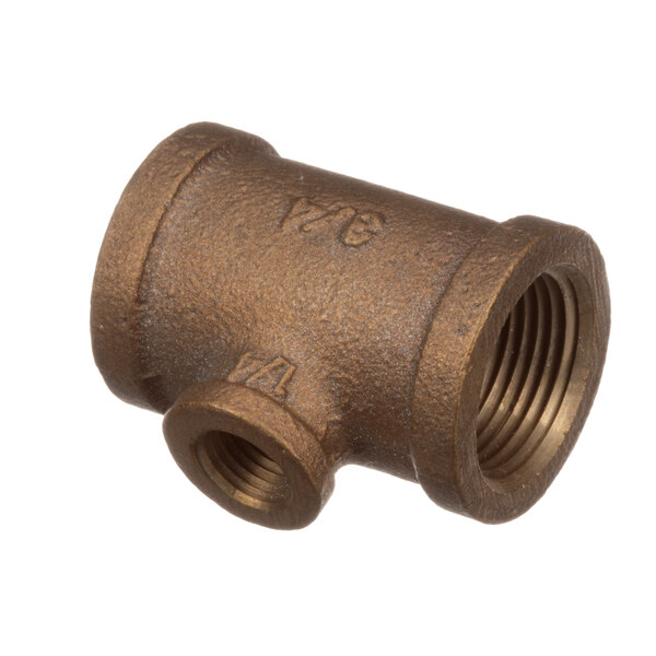 A Blakeslee brass pipe tee fitting with threaded ends.