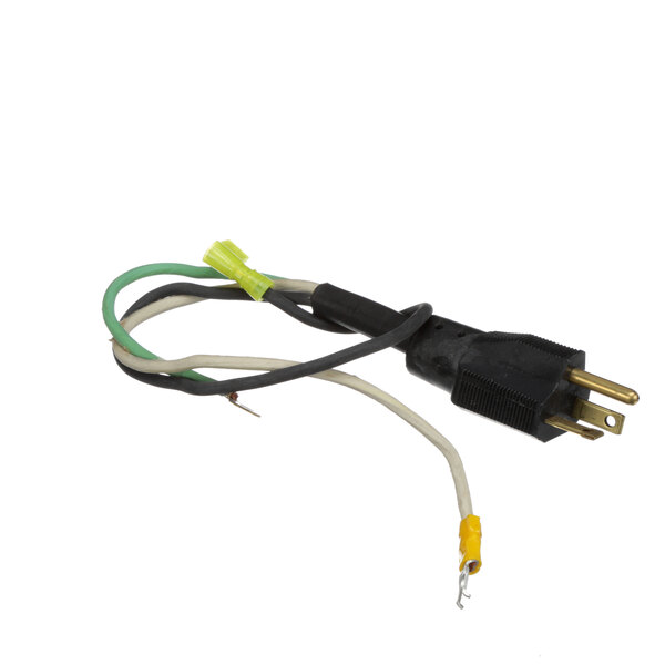 A black and white electrical cord with green wires.