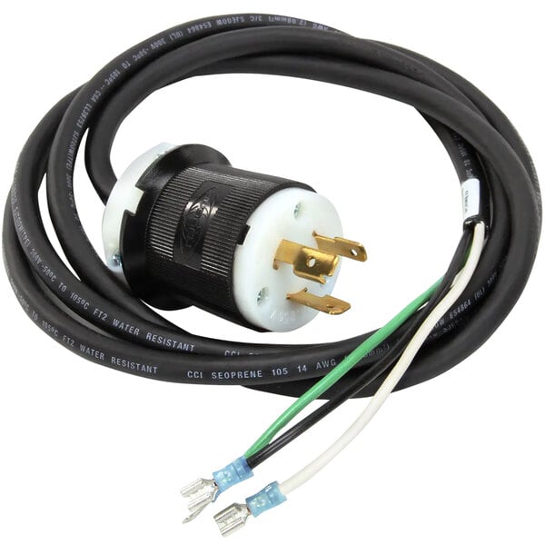 A black Merco twist-lock power cord with a white plug.