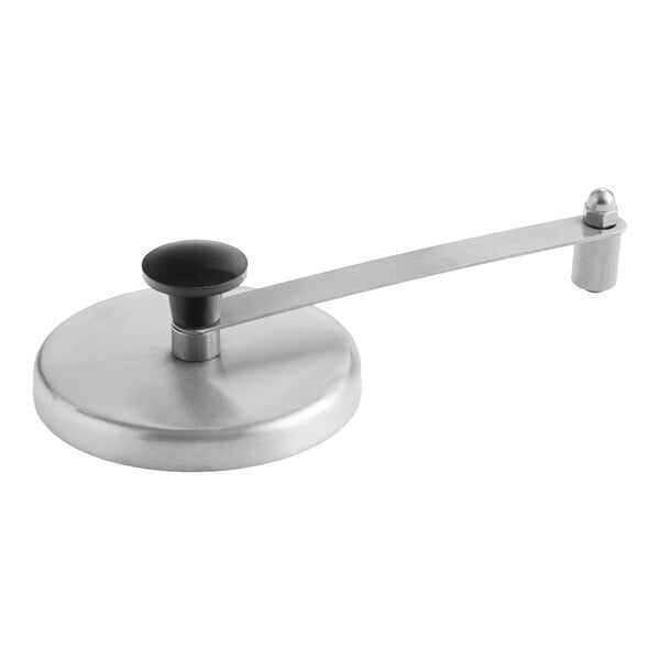 A stainless steel skillet vent cover assembly with a round base and an extended handle.