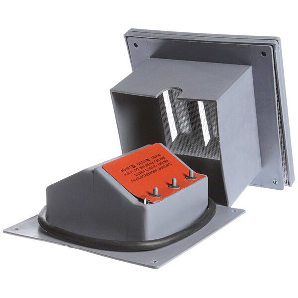 A grey metal box with a red label on it.