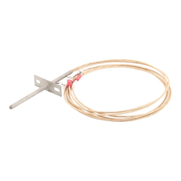 A white cable with a metal rod and metal connector.