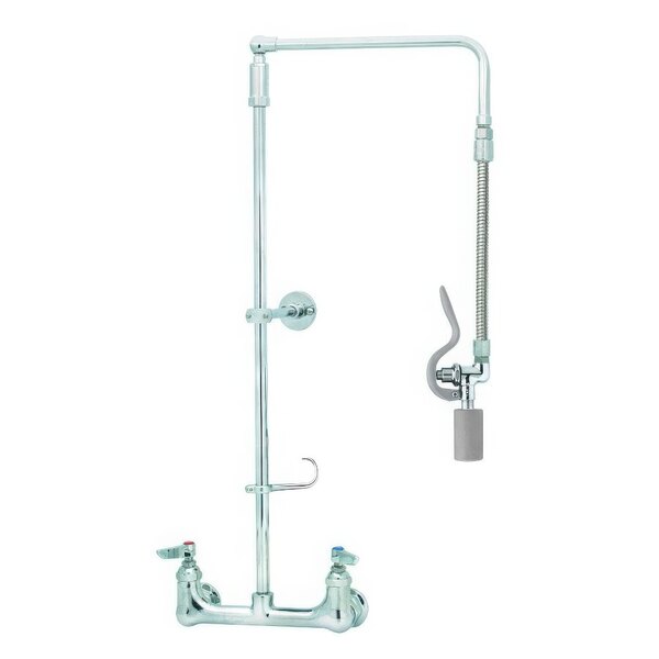 A chrome T&S pre-rinse faucet with a silver swivel arm and hose.