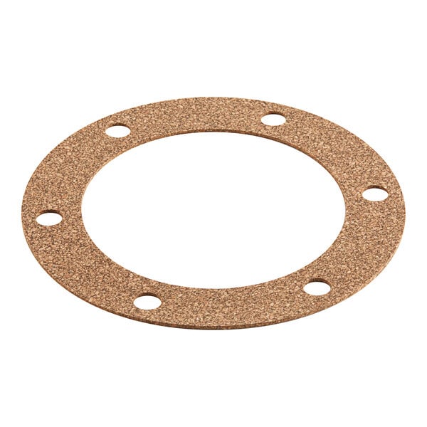 A close-up of a brown circular gasket with holes in it.