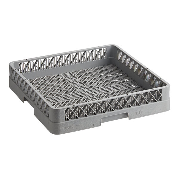 A grey plastic Hobart dishwasher rack with a grid in a wire basket.