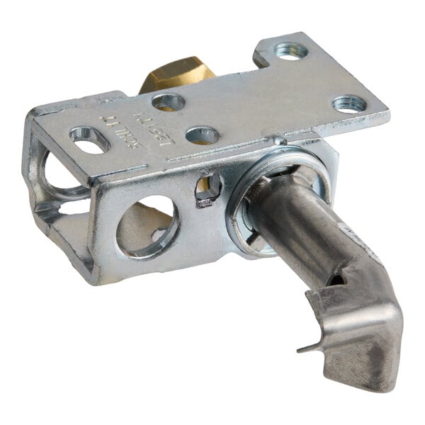 A metal pilot assembly component with a bracket and a bent tube, featuring mounting holes and a brass fitting.
