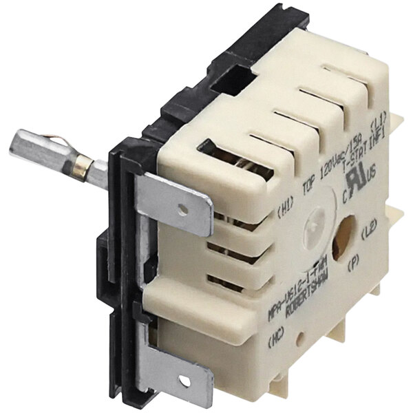 A white and black T-STAT-INF1 Infinite device with two wires and a black cover.