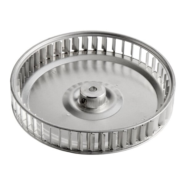 A round metallic component with evenly spaced vertical blades around the edge and a central hub, resembling a blower wheel.