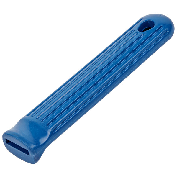 A blue silicone handle with holes for Vollrath fry pans.