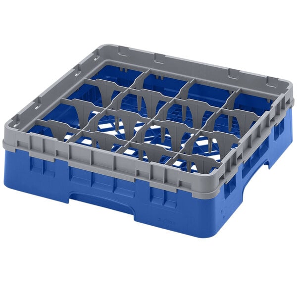 A blue plastic Cambro glass rack with 16 compartments and 1 extender.