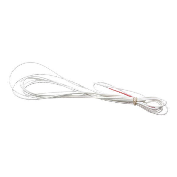 A close-up of a white wire with a red and white stripe.
