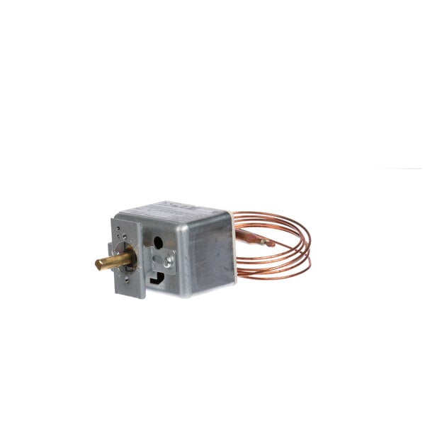 A small metal thermostat with a copper wire attached.