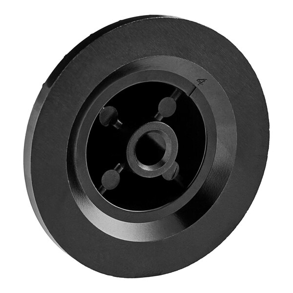 A black plastic Vulcan knob with a hole in the center.