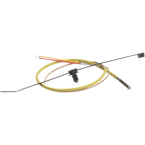 A close-up of a yellow and yellow wire with a plug on the end.