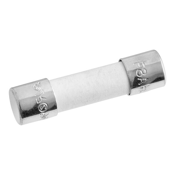 A close-up of a white metal Manitowoc Ice fuse with a silver cap.
