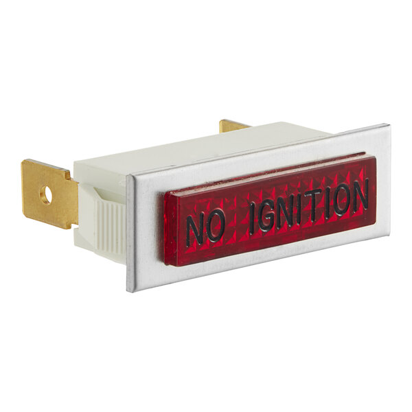 A red and silver rectangular light switch with a black text reading "On" and a red light indicator.