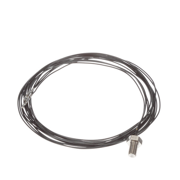 A black wire with a metal connector and a nut.