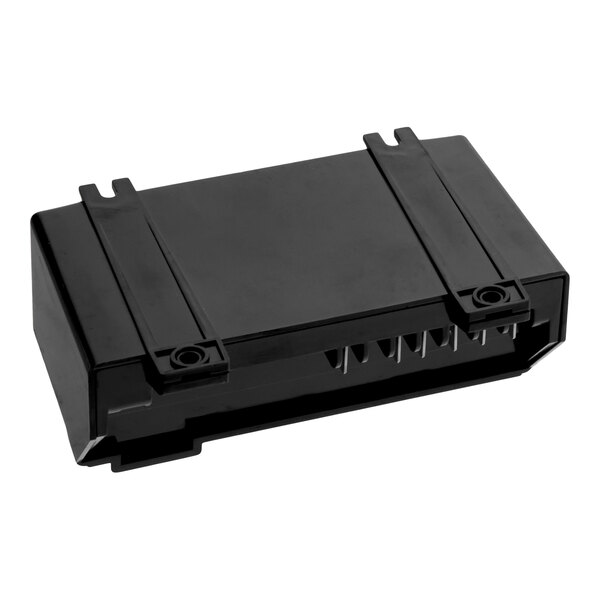 A black rectangular electronic module with mounting brackets and visible connector pins on one side.