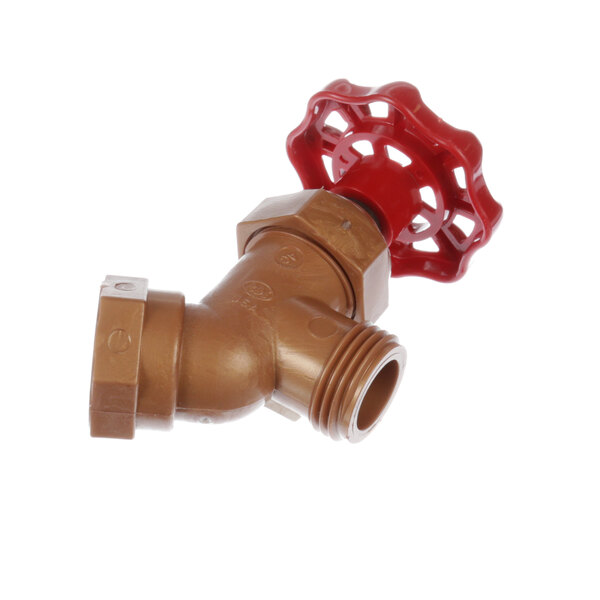 A brown Duke Valve Bibb Hose Angle with a red handle.